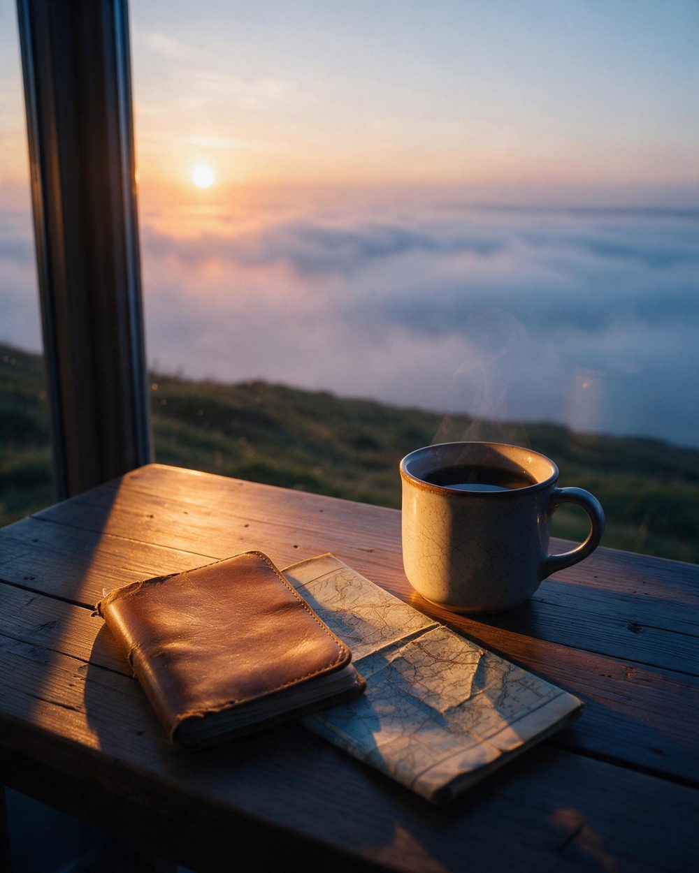 Passport, map and coffee on a desk at dawn