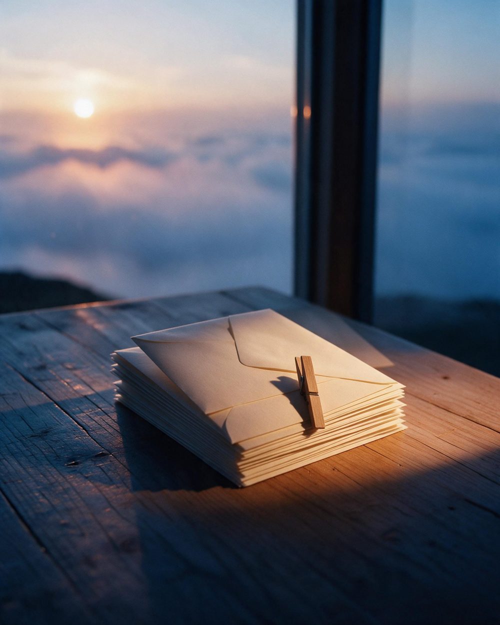A stack of envelopes held by a wooden clip