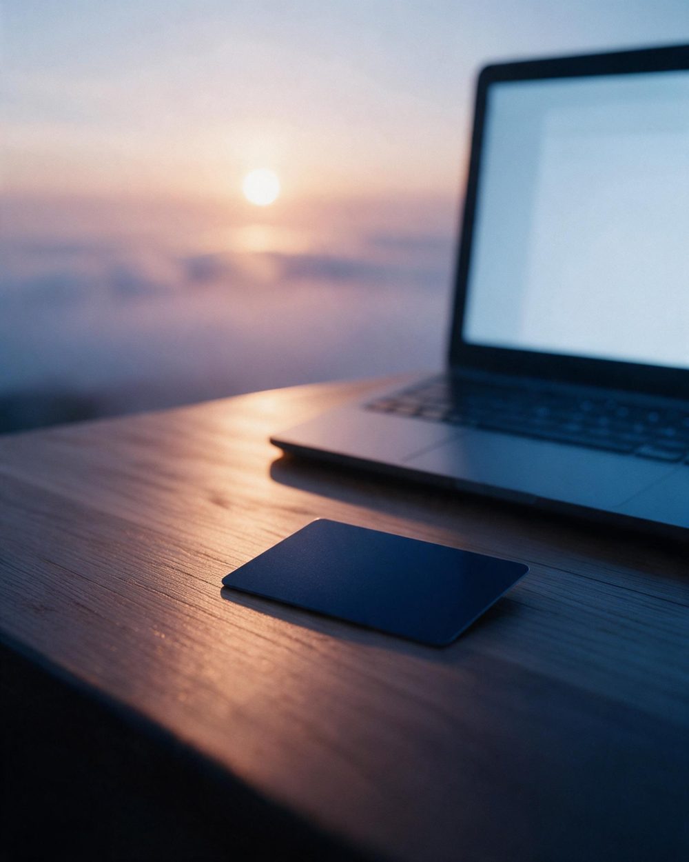 A blank indigo card beside a laptop